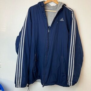 Adidas Reversible Jacket Men’s Size L Gray/ Navy Vintage Striped Full Zip Hood